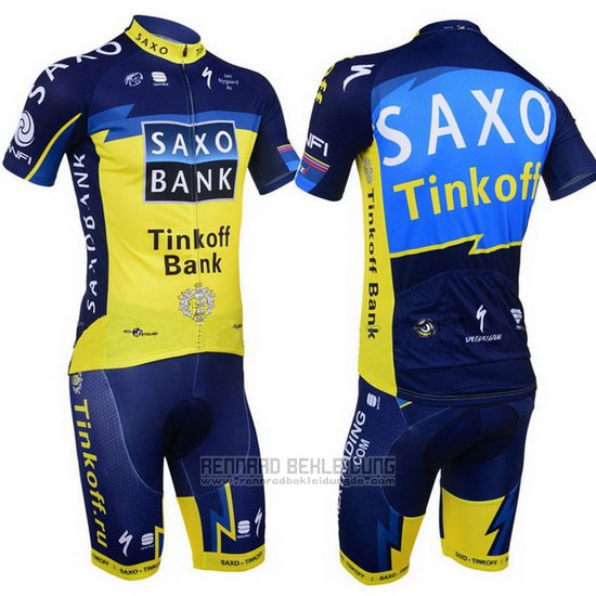 2013 Fahrradbekleidung Tinkoff Saxo Bank Blau und Gelb Trikot Kurzarm und Tragerhose